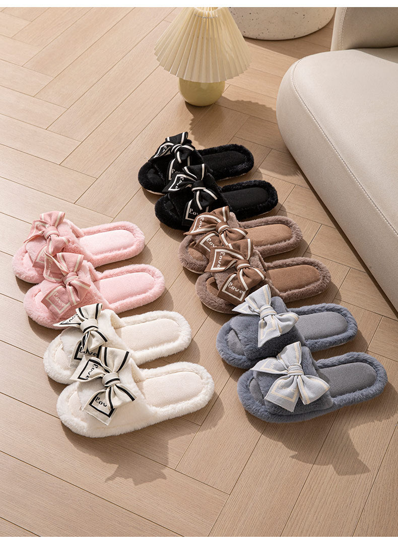 Foreign Trade Cross-Border Open-Toe Furry Bow Women's Indoor Home Wooden Floor Four-Season Furry Slippers