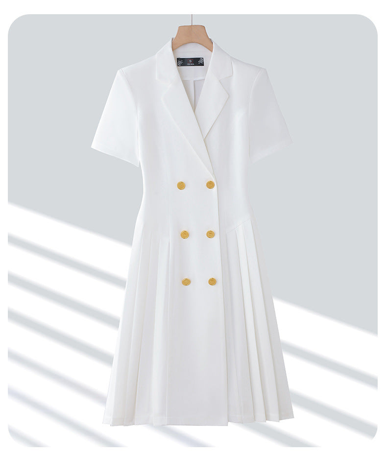 Spring and summer blue short-sleeved dress women's 2025 high-grade double-breasted professional suit collar mid-length skirt