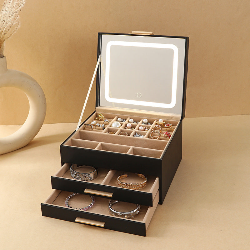 Cross-border PU three-layer cosmetic mirror with LED light high-end jewelry box earring ring necklace bracelet princess jewelry box