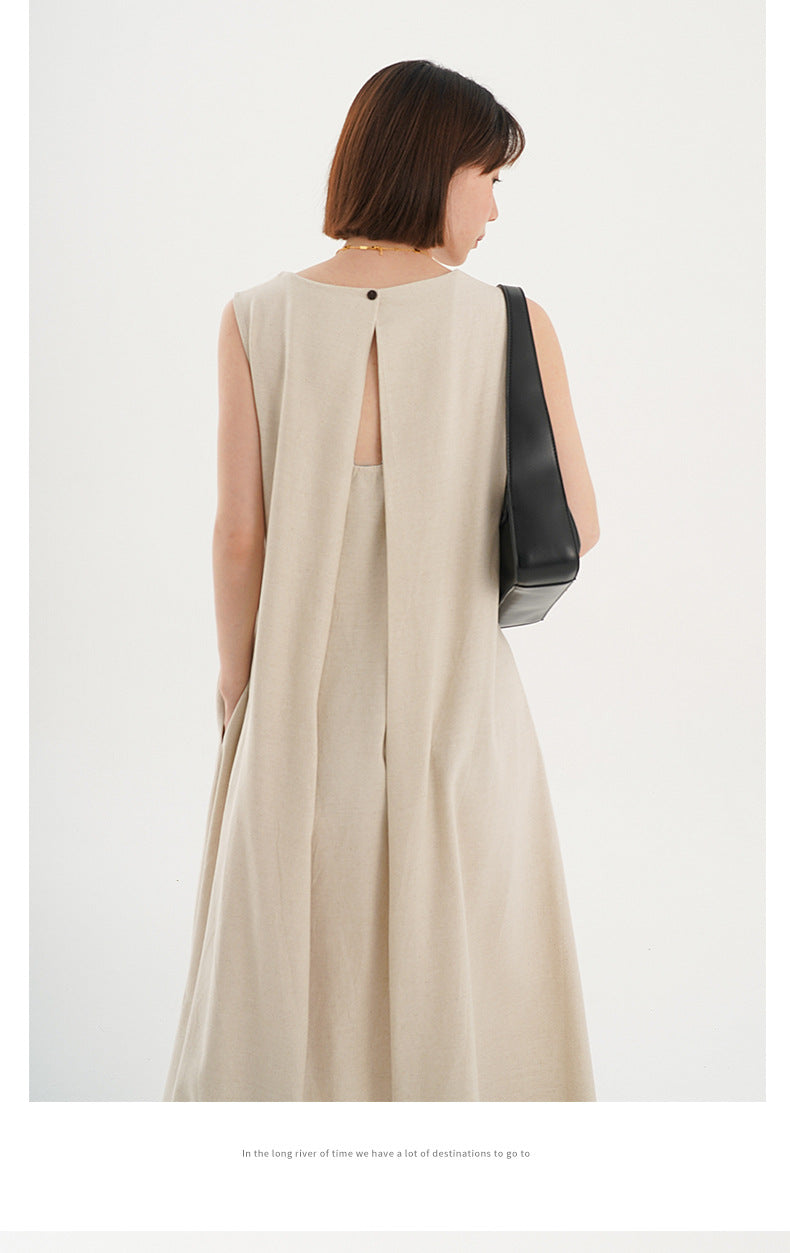 Korean Chic2026 Summer French Design Loose Backless Sleeveless Vest Dress Casual Age-Reducing Long Dress