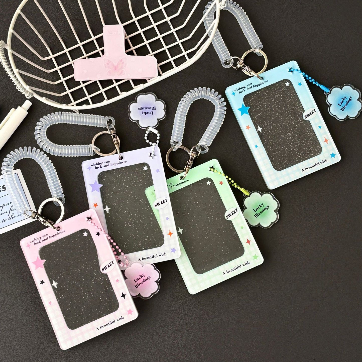 Original Ins Four-Leaf Clover Transparent Glitter Card Holder Acrylic Small Card Holder Small Card Id Card Card Film Card Holder