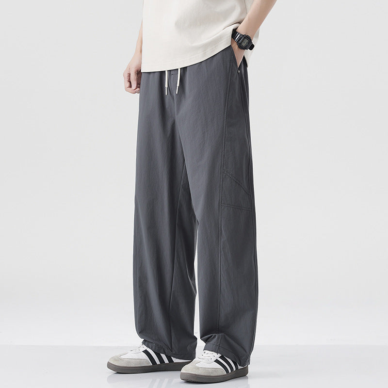 Danpaoni | summer thin casual pants men's American fashion retro loose straight pants elastic waist youth pants