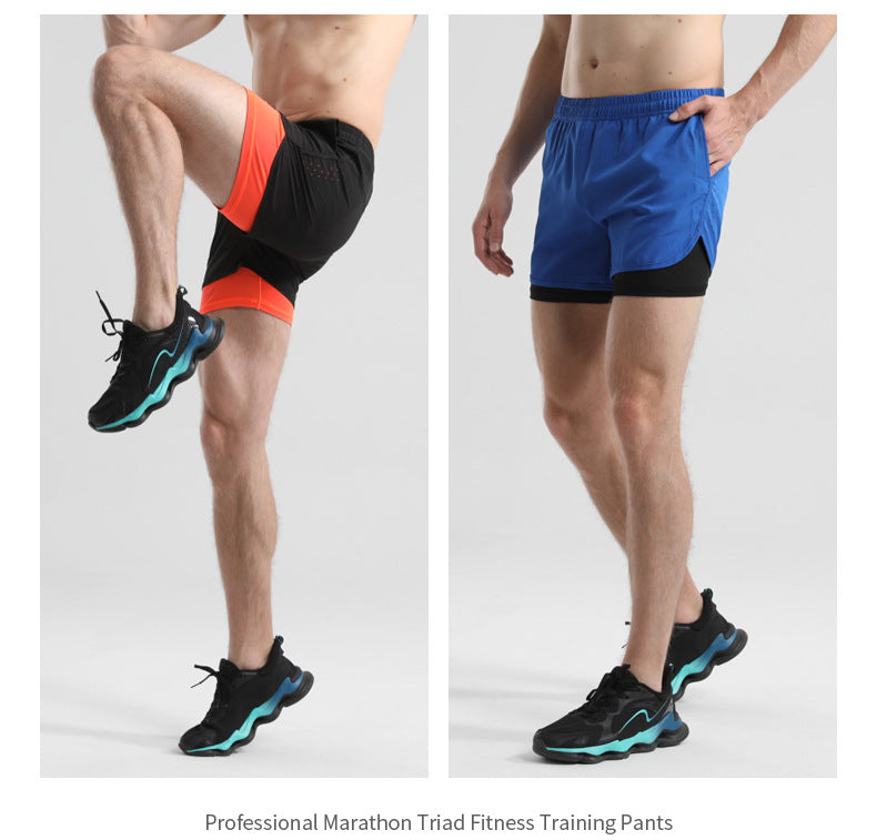 Men's Quick-drying Sports Shorts Fake Two-piece Fitness Triple Pants Marathon Running Pants Invisible Pocket for Mobile Phone