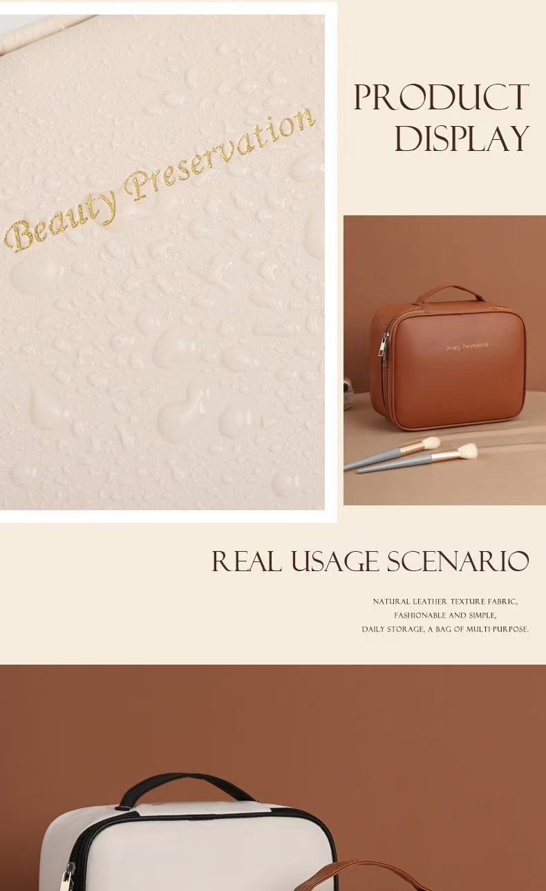 Multifunctional Partitioned Storage Pu Cosmetic Bag, Large Capacity, High-End Feel, Portable Hand-Held Makeup Brush Storage Bag