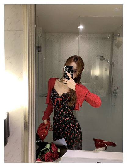 Plus Size Fat mm French Sweet Sexy Sweet Contrasting Suspender Skirt Women's Summer Red Cardigan + Floral Skirt Two-Piece Set