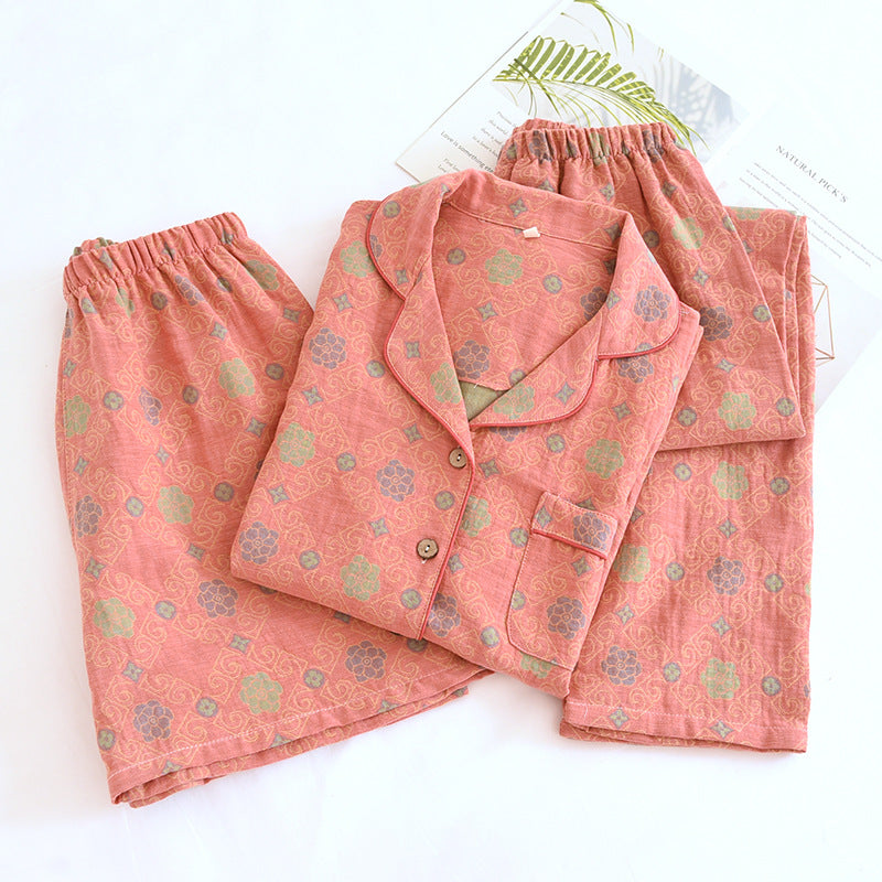 Yarn-dyed cotton pajamas women's summer short-sleeved printed summer retro loose home wear three-piece set can be worn outside