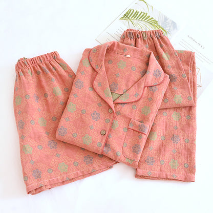 Yarn-dyed cotton pajamas women's summer short-sleeved printed summer retro loose home wear three-piece set can be worn outside