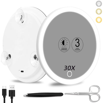 New 30 times magnification makeup mirror charging led light with lamp 360 degree bracket with lamp mirror 3 suction cup 10X20X