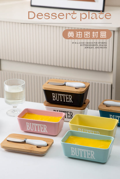 Ceramic Butter Box Rectangular Butter Sealing Box Cuttable Refrigerated Refrigerator Cheese Storage Box with Wooden Lid Butter Dish
