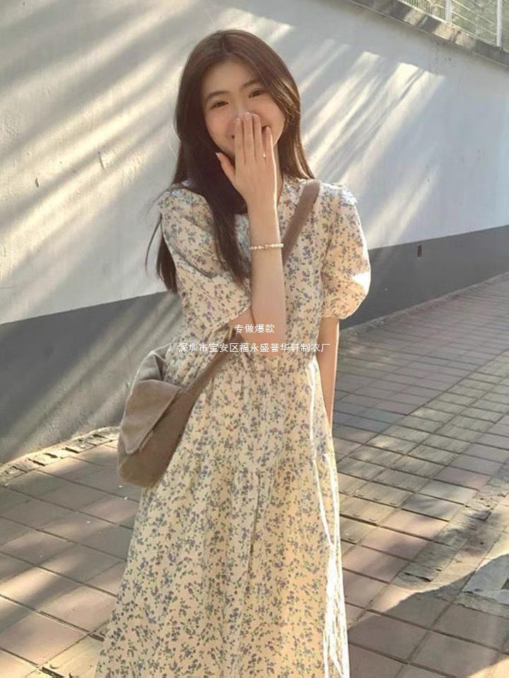 Summer 2024 New Seaside Vacation Elegant Floral Dress Platycodon grandiflorum Tea Break French Long Dress Women's Spring Dress