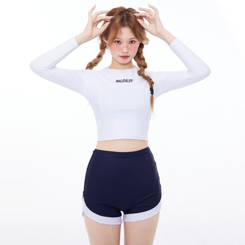One-Piece Drop-Shipping Japanese and Korean Style Long-Sleeve Swimwear for Women, Two-Piece Conservative Sun-Protective Sports Swimsuit, Fresh Style for Students, Wholesale Swimwear