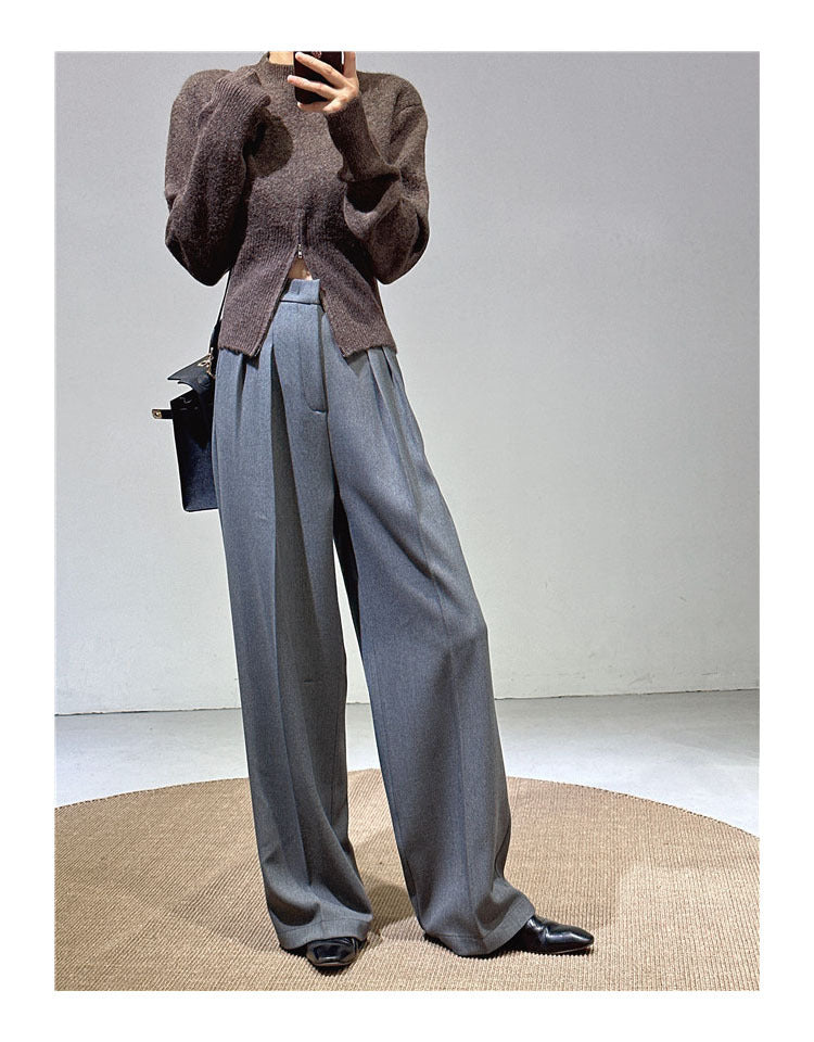 Spring and Autumn New Style Old Money Style Brown Coffee Color Suit Pants for Women, Wide-Leg Pants with Drape Effect, Slimming, Extended Length for Tall Individuals, Straight-Leg Pants