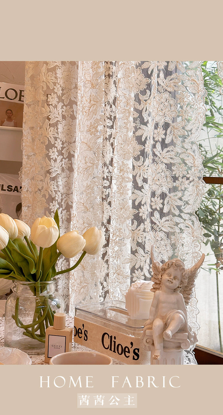 French-Style Retro Palace Lace Embroidery Cream Sheer Curtain for Bay Window, Light-Transmitting, No-Drill Partition Half Curtain Door Curtain