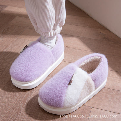 Cotton Slippers Winter Men's Thick-Soled Eva Silent Anti-Slip Home Fleece-Lined Thickeneded Warm Cross-Border Furry Slippers with Heels