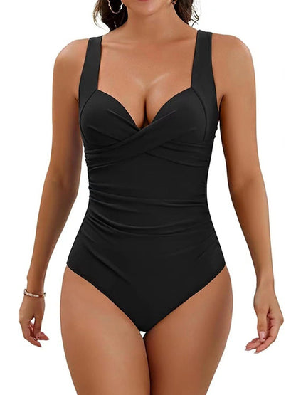 2024 new European and American tight one-piece bikini swimsuit solid color sexy tight beach wading hot spring holiday swimming