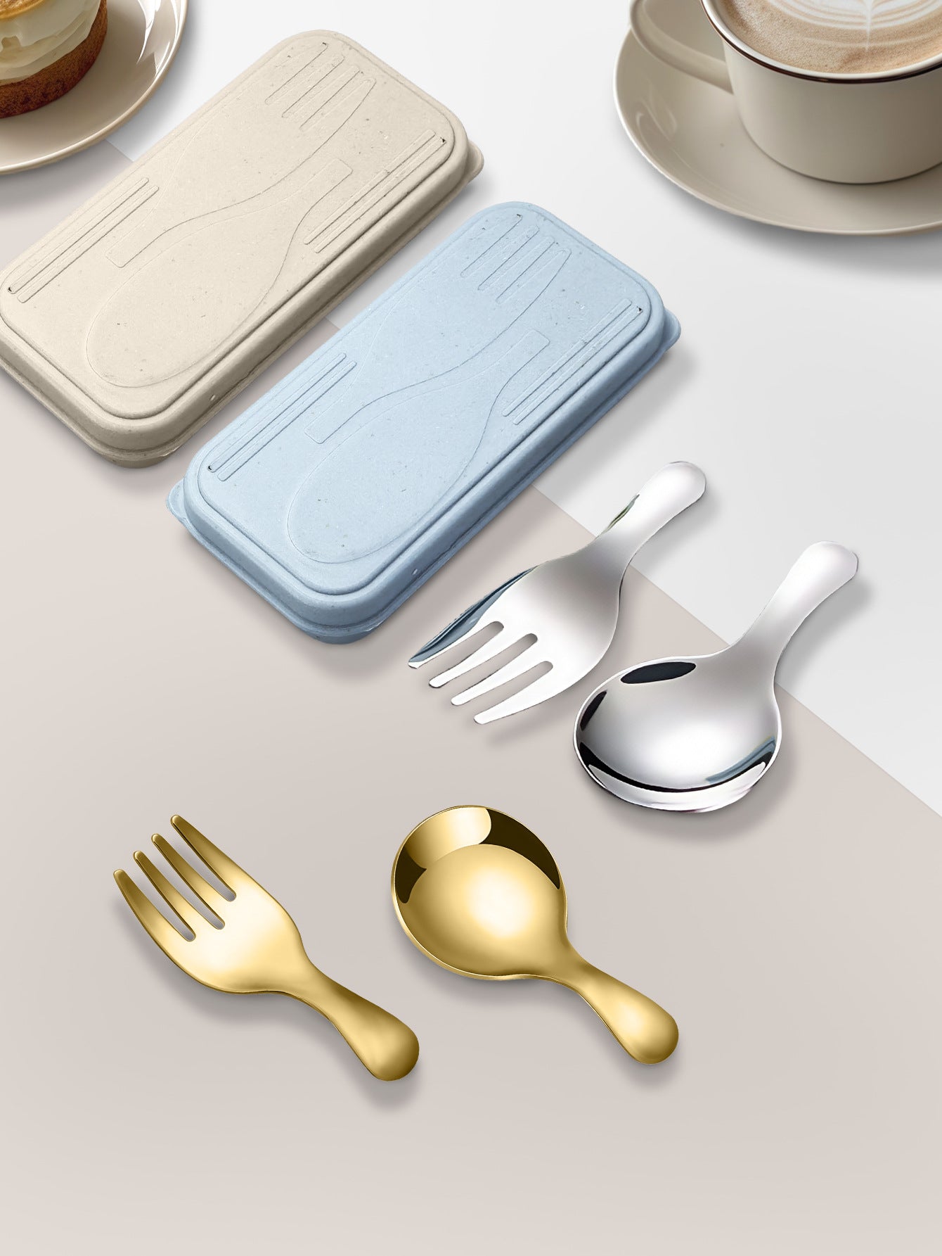 Stainless Steel Portable Spoon and Fork Set Children's Rice Spoon Dessert Spoon Fruit Fork Short Handle Fork Spoon Mini Tableware