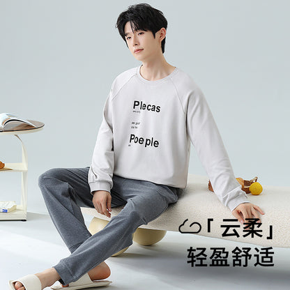 Plus Size 5XL 100% Cotton Men's Long-Sleeved Pajamas Spring & Fall Long-Sleeved 105kg Can Be Worn Outside Home Clothes Set