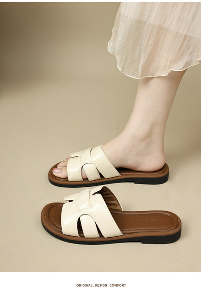 2025 New French Retro Leather Slippers Niche Casual Flat Versatile Slip-On Sandals for Women