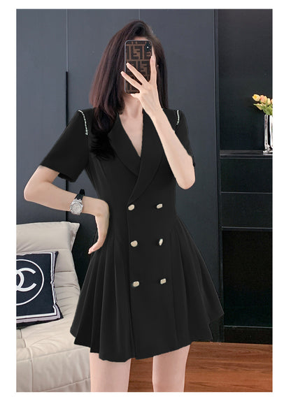 French Hepburn Style Small Black Dress High Sense High Cold Royal Sister Fried Street Small Fragrance Style Pleated Professional Suit dress Summer