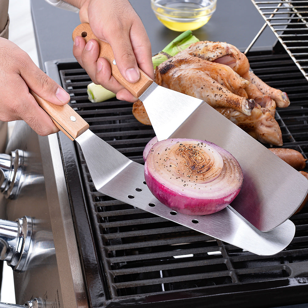 Wooden Handle Stainless Steel Spatula Korean Teppanyaki Cooking Spatula Steak Spatula Pancake Pizza Spatula Tool Set