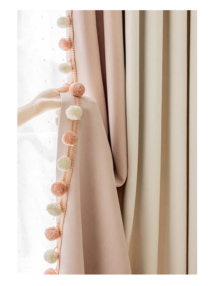 Cream-Colored Chenille Blackout Curtains for Children's Room, Sleeping Beauty Style, with Pom-Pom Design, Custom-Made Finished Product