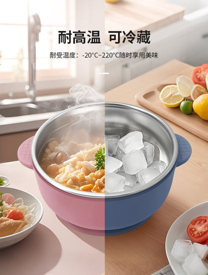Cross-border Stainless Steel Children's Bowl Household Cute Baby Drop-resistant Heat-insulated Tableware Kindergarten Children's Rice Bowl with Suction Cup