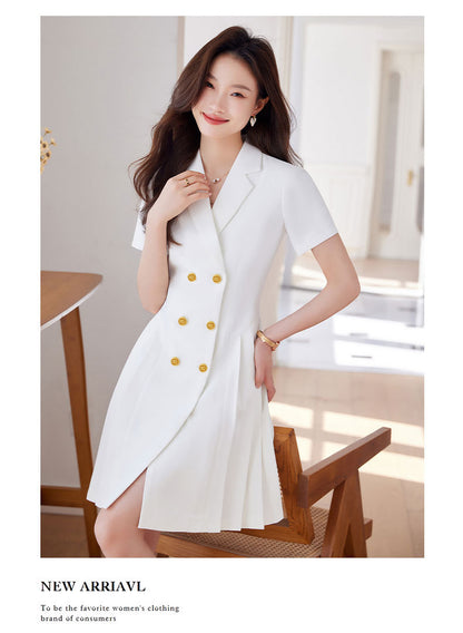 French Hepburn Style Small Black Dress High Sense High Cold Royal Sister Fried Street Small Fragrance Style Pleated Professional Suit dress Summer