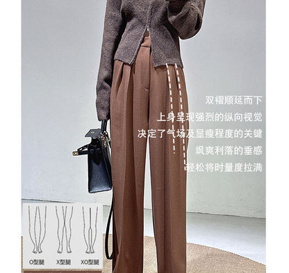 Spring and Autumn New Style Old Money Style Brown Coffee Color Suit Pants for Women, Wide-Leg Pants with Drape Effect, Slimming, Extended Length for Tall Individuals, Straight-Leg Pants