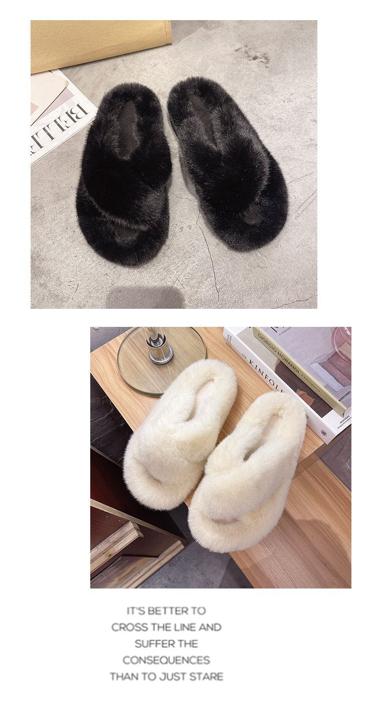 Foreign Trade Furry Slippers for Women 2025 Autumn and Winter New Korean Style Lazy Outer Wear Cross Thick-Soled Open-Toe Slippers for Outer Wear