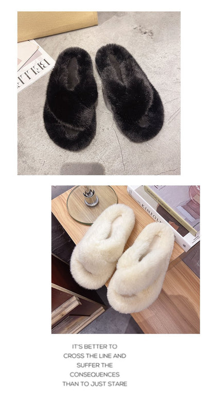 Foreign Trade Furry Slippers for Women 2025 Autumn and Winter New Korean Style Lazy Outer Wear Cross Thick-Soled Open-Toe Slippers for Outer Wear