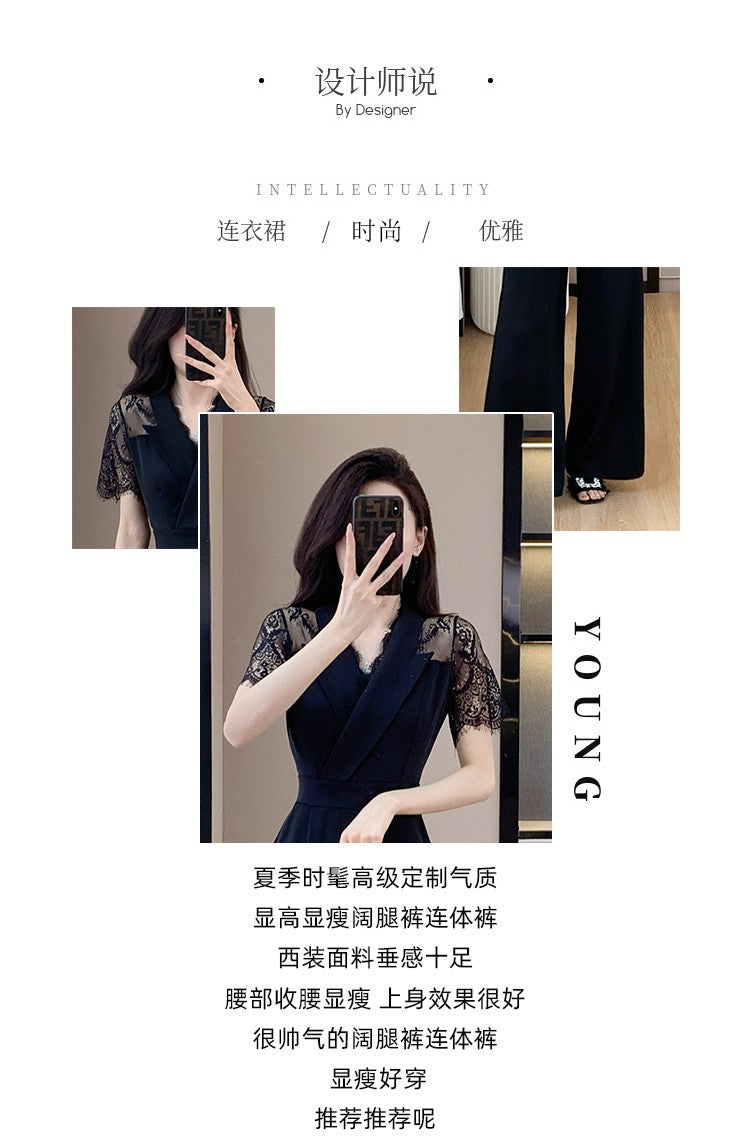 Cross-border High Leng Yujie Style Pants Women's Summer Short-sleeved High Waist Lace Stitching Hollow-out Pants Straight Pants