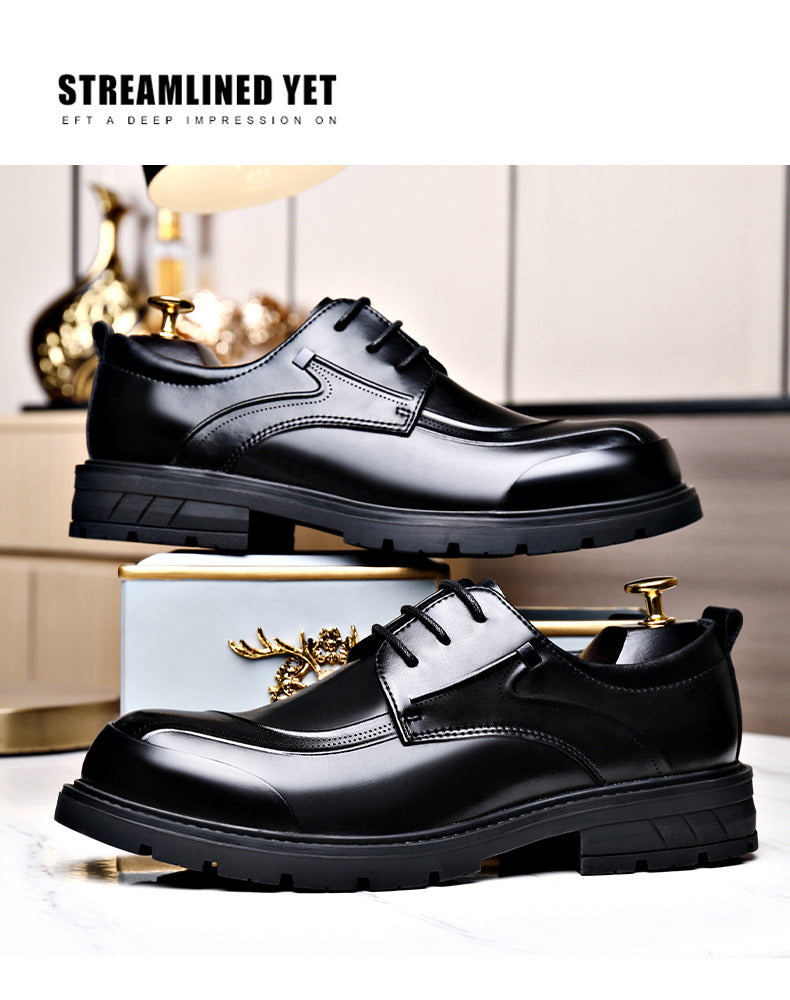 Men's Casual Leather Shoes Popular Lace-Up Round Toe Thick Sole Big Head Brown Fashion British Versatile Business Formal Men's Shoes