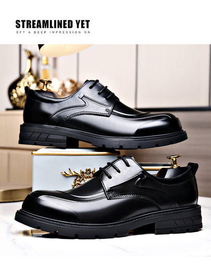 Men's Casual Leather Shoes Popular Lace-Up Round Toe Thick Sole Big Head Brown Fashion British Versatile Business Formal Men's Shoes