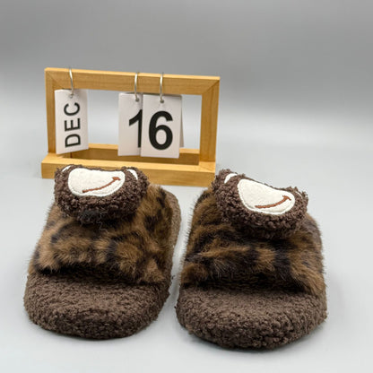 2025 Autumn and Winter New Leopard Print Warm Fur Slippers, One-Line Outer Wear Cotton Slippers, Home Slippers, Fashionable Outer Wear Slippers for Women