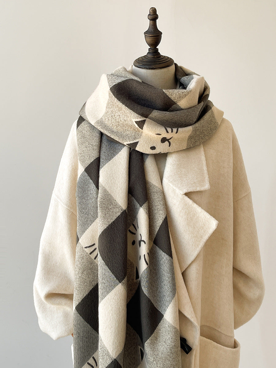 Niche Designer Cartoon Cat Cute Cashmere Scarf Women's Autumn and Winter Warm Thickened Neck Shawl New