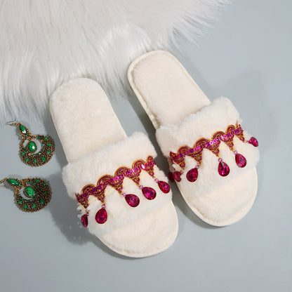Thick-Soled Furry Slippers for Women in Autumn and Winter Indoor and Outdoor 2025 New Tassel Rhinestone Plush Slippers One-Line Cotton Slippers for Women