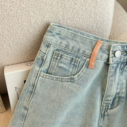 Summer 2023 New High Waist Slimming Design Sense Ripped Wide Leg Denim Shorts Women's Pants All-match Hot Pants