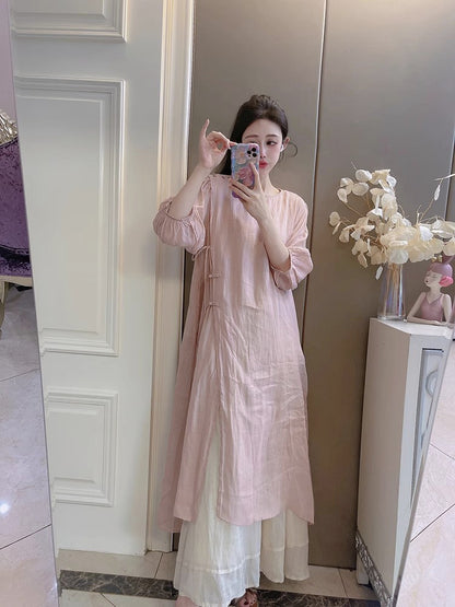 Summer New Style Quality Ramie Handmade Buckle Lace Lace Guofeng dress Double-Layer Skirt suit