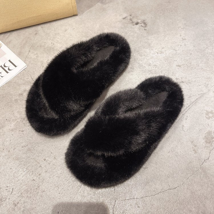 Foreign Trade Furry Slippers for Women 2025 Autumn and Winter New Korean Style Lazy Outer Wear Cross Thick-Soled Open-Toe Slippers for Outer Wear