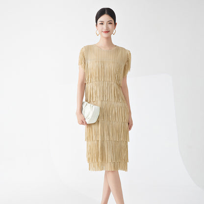 Miyake Hot Selling Dress Commuting Women's Summer Design Niche Drape Temperament Fashionable Elegant Tassel Midi Skirt