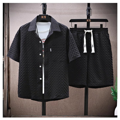 Thin sports leisure two-piece 2024 summer ice silk suit men's ruffian handsome fashion short sleeve shirt shorts set