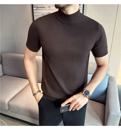 Tiktok Taobao Dropshipping Men's Short-Sleeve Knitwear, Fashionable Versatile Half-Turtleneck Slim-Fit Half-Sleeve Sweater Base Shirt