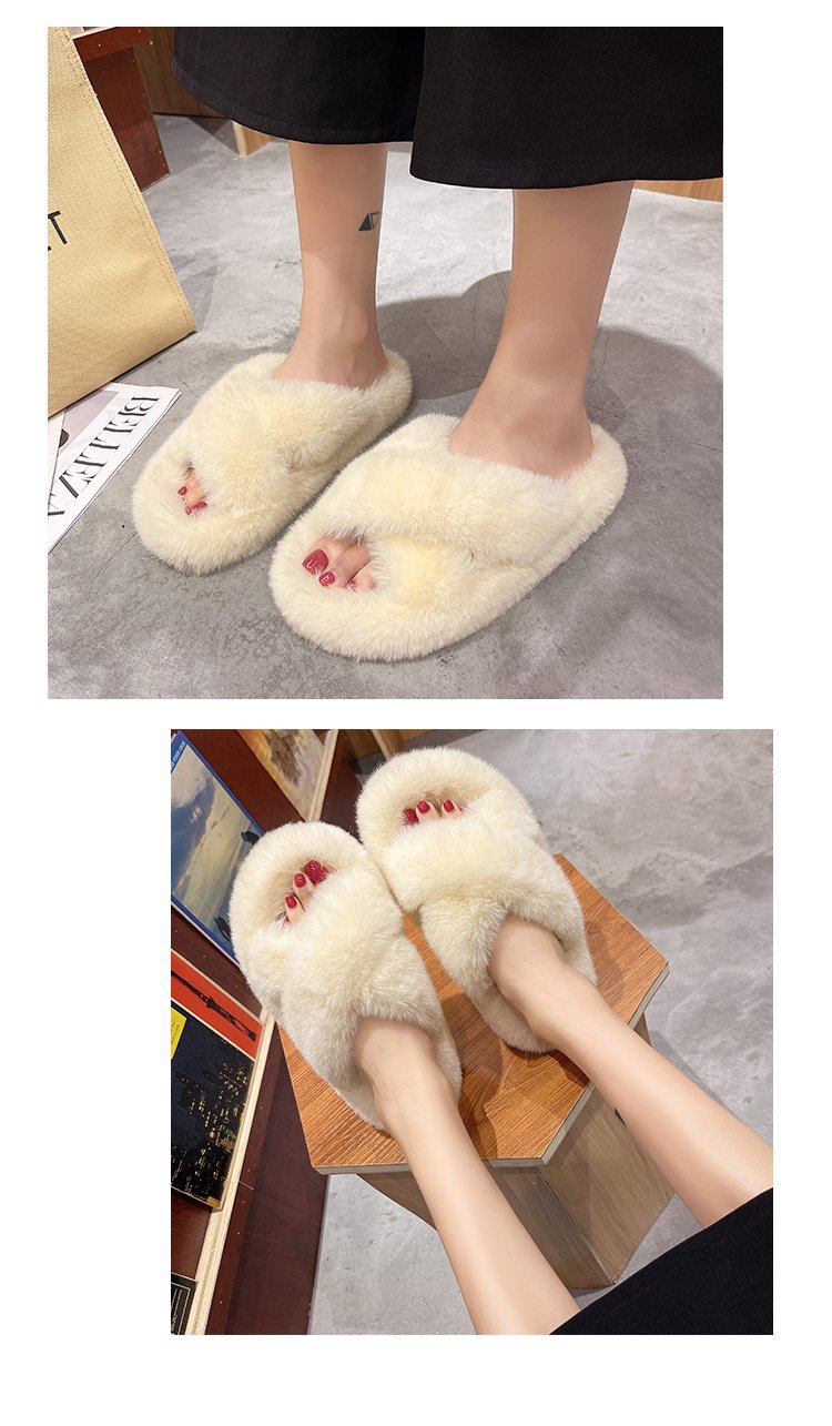 Foreign Trade Furry Slippers for Women 2025 Autumn and Winter New Korean Style Lazy Outer Wear Cross Thick-Soled Open-Toe Slippers for Outer Wear