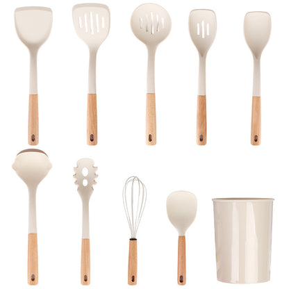 Wooden Handle Silicone Kitchen Utensil Set, Non-Stick Pan, Silicone Spatula, Soup Spoon, High Temperature Resistant Silicone Cooking Spatula, Daily Kitchen Utensils