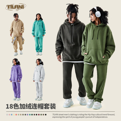 Tilani Men's Clothing European and American Trendy Brand High Quality 350g Fleece-Lined Thick Men's and Women's Hooded Sweatshirt and Sweatpants Pure Color Suit