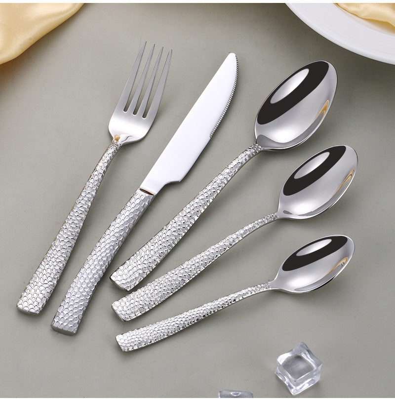 Cross-border 304 Stainless Steel Knife, Fork and Spoon Tableware Hotel Western Food Square Handle Thickened Water Cube Hammer Steak Knife, Fork and Spoon