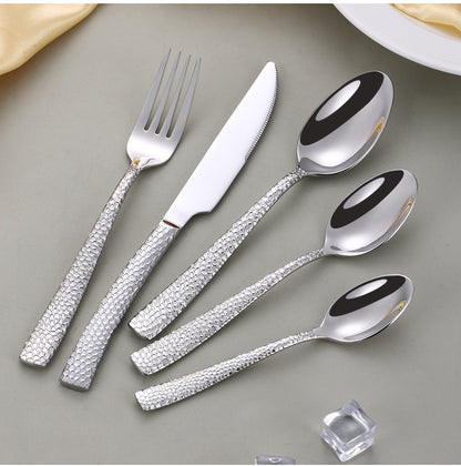 Cross-border 304 Stainless Steel Knife, Fork and Spoon Tableware Hotel Western Food Square Handle Thickened Water Cube Hammer Steak Knife, Fork and Spoon