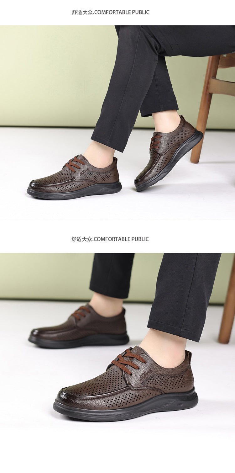 Summer Men's Shoes for Middle-Aged and Elderly People, Genuine Leather Breathable Men's Sandals, Leather Shoes, Soft Soles, Hollow Casual Shoes, Clogs