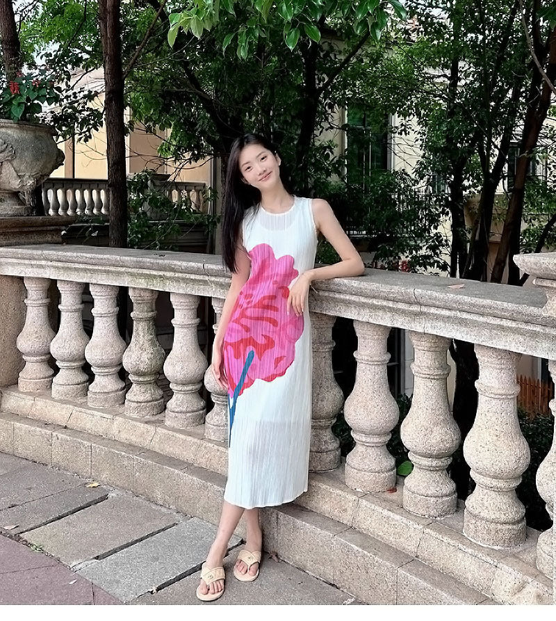 In Stock Miyake Dress Printed Elegant Elegant High-End Loose Slimming Look Elegant Round Neck Sleeveless Pleated Skirt