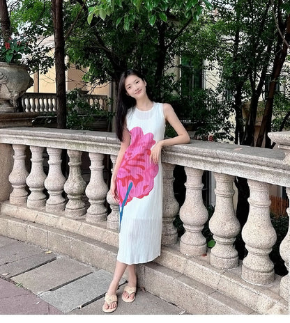 In Stock Miyake Dress Printed Elegant Elegant High-End Loose Slimming Look Elegant Round Neck Sleeveless Pleated Skirt